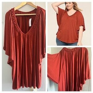 Lane Bryant NWT Plus Size Rust Orange Flutter Sleeve Gathered Neck Shirt 26 28